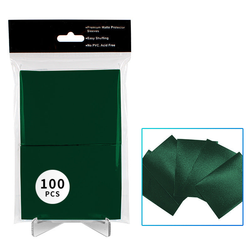 Pack of green card sleeves with 100 pieces count on a white background