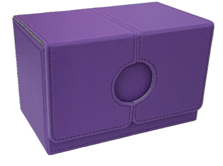Purple card game box with a circular slot on a white background