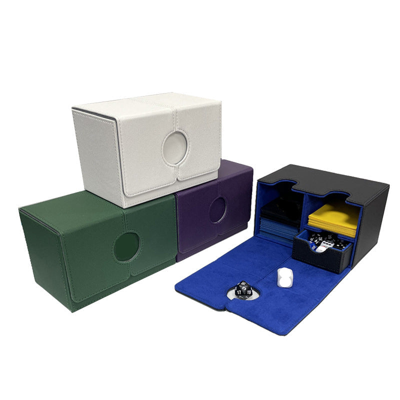 Collection of card storage boxes in various colors with card packs inside on a white background