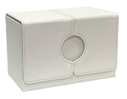 White leather jewelry box with circular cutout on a white background