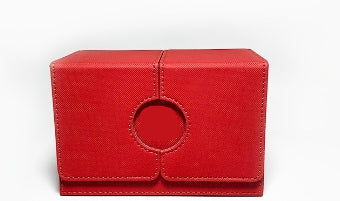 Red textured box with a logo on a white background