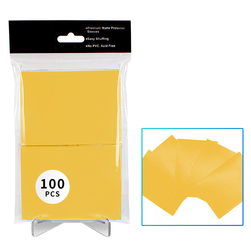 Pack of yellow card sleeves with a clear window, showing 100 pieces inside.