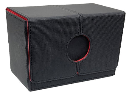 Black leather wallet with red stitching on a white background