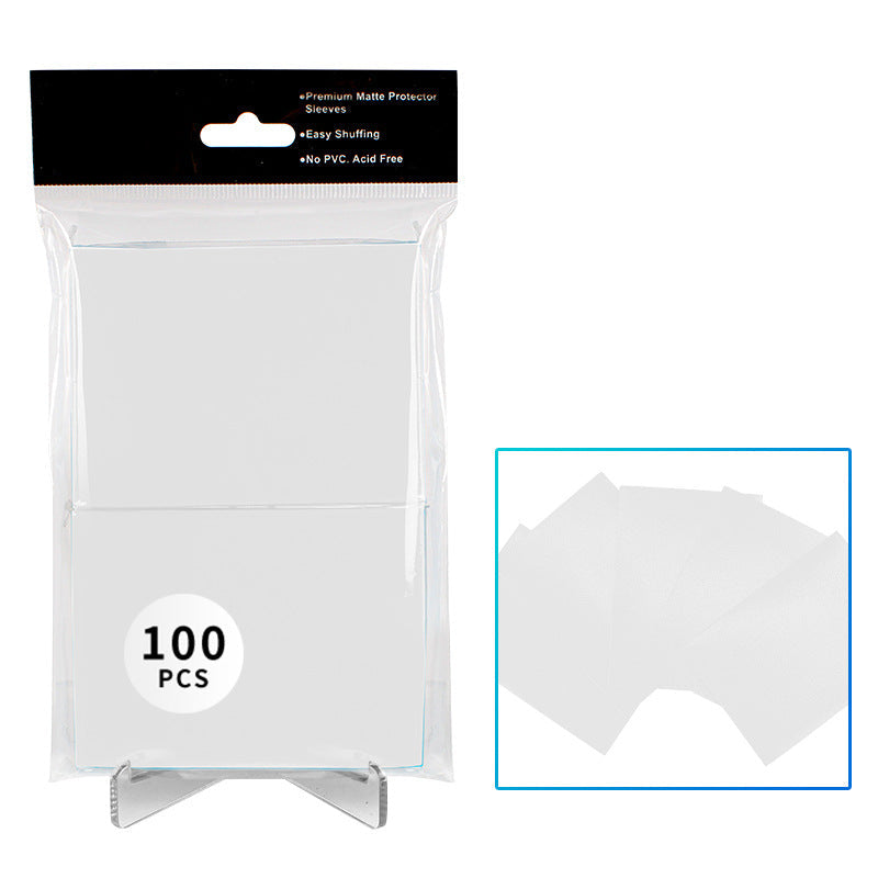 Pack of 100 clear protective sleeves with a close-up inset on a white background.