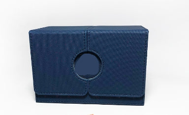 Blue textured wallet with a brand logo on a white background
