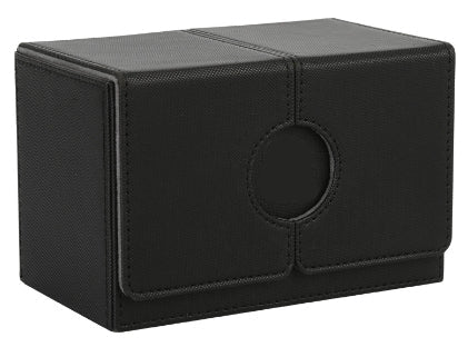 Black card game box with a logo on a white background